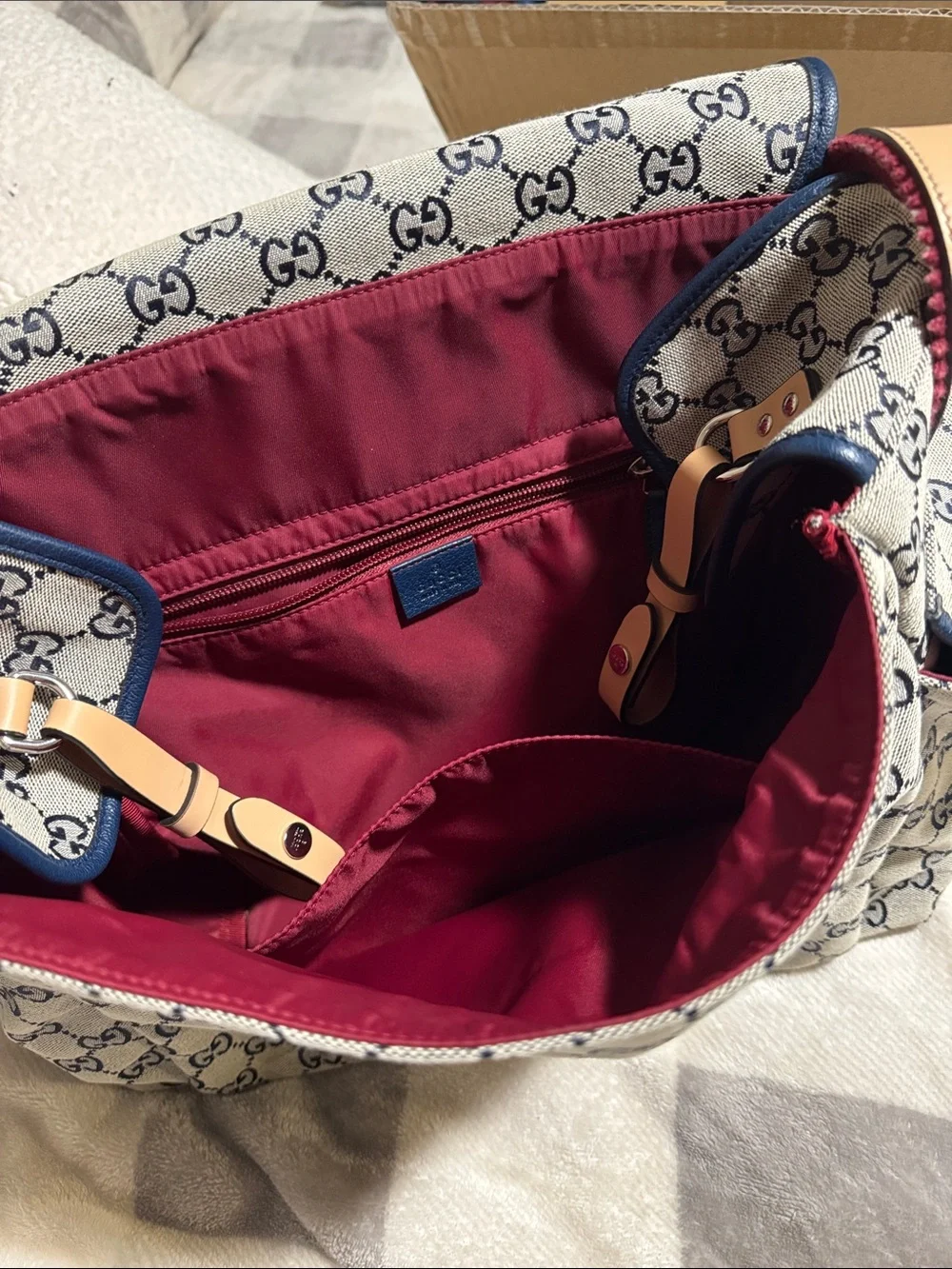 Gucci Beige GG Canvas Satchel Diaper Bag with Blue Trim and Tan Straps